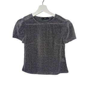 Shein Top Womens Size XS Shirt Sheer Metallic Blouse Silver Gray Short Sleeve